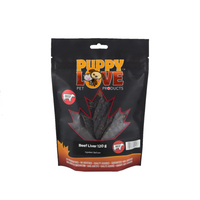 Puppy Love pet treats beef liver in black bag