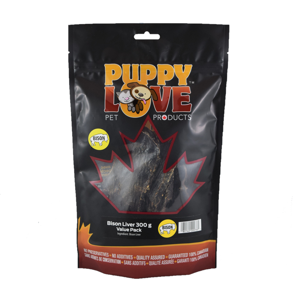 Puppy Love pet treats Bison liver in black bag