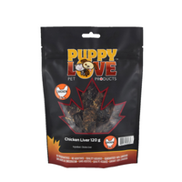 Puppy Love pet treats chicken liver in black bag
