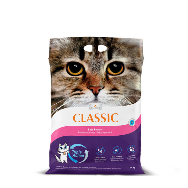 Litière agglomérante premium poudre pour bébé // Ultra premium multi-cat litter baby powder in purple bag
