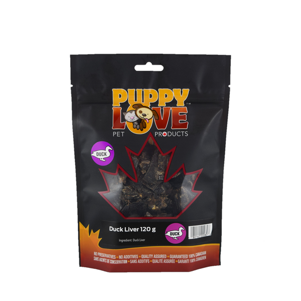 Puppy Love pet treats duck liver in back bag