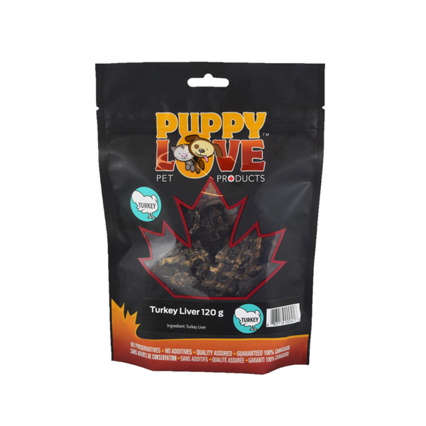 Puppy Love pet treats turkey liver in black bag